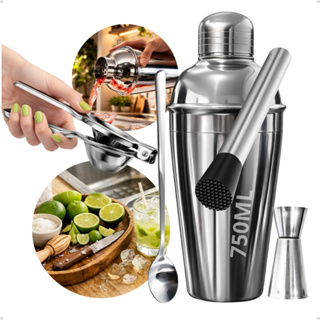 Kit Bartender 750 ml Inox 5 Peças Profissional  Espremedor de limão Coqueteleira Socador Dosador em Oferta na Shopee