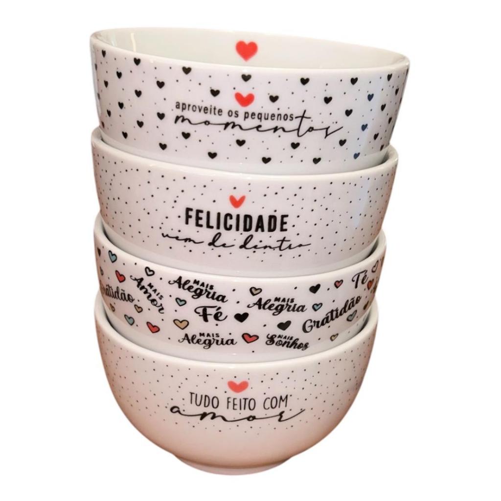 Kit 4 Tigela Cumbuca Porcelana Refratária 400 ml Tudo Feito Com Amor