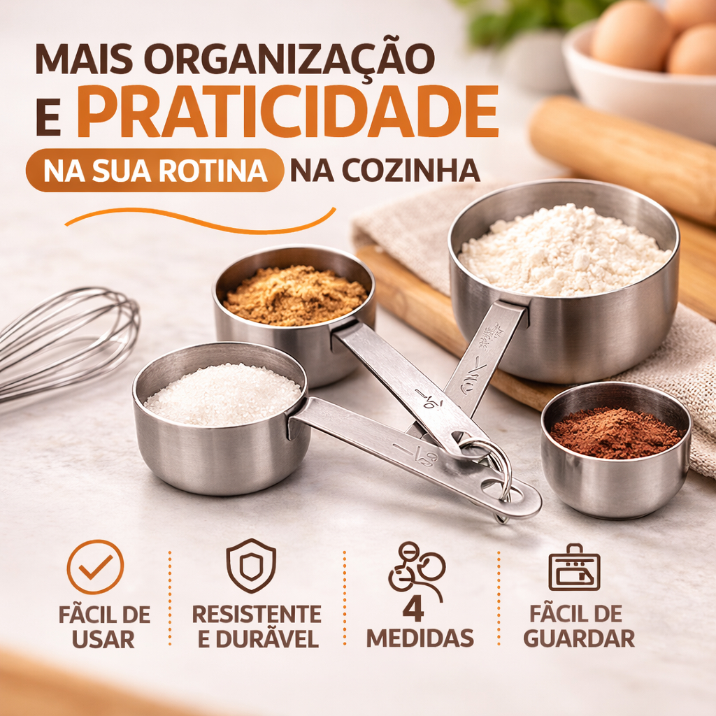 Conjunto de 4 Copos de Medição Colher Medidora em Inox