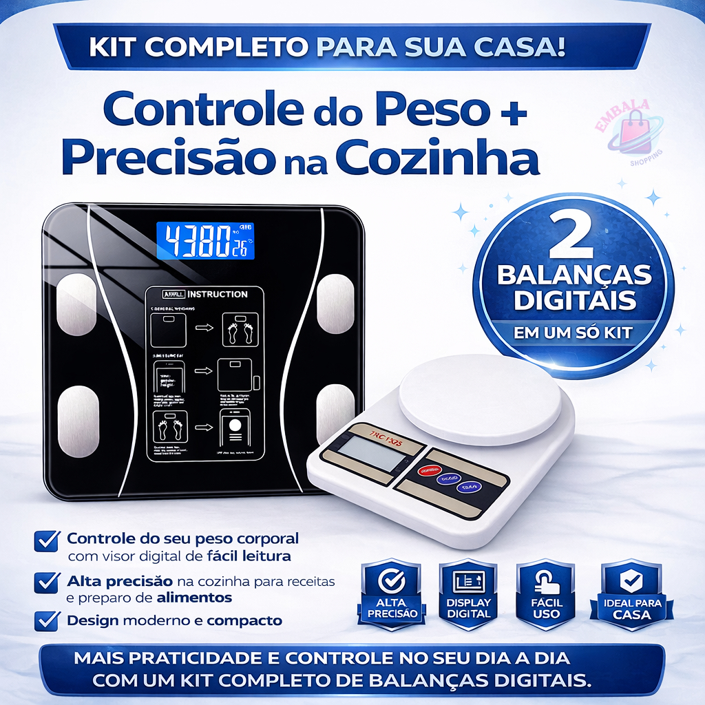 Kit 2 Balanças digital Bioimpedância e Cozinha Fitness Academia Dieta Nutrição