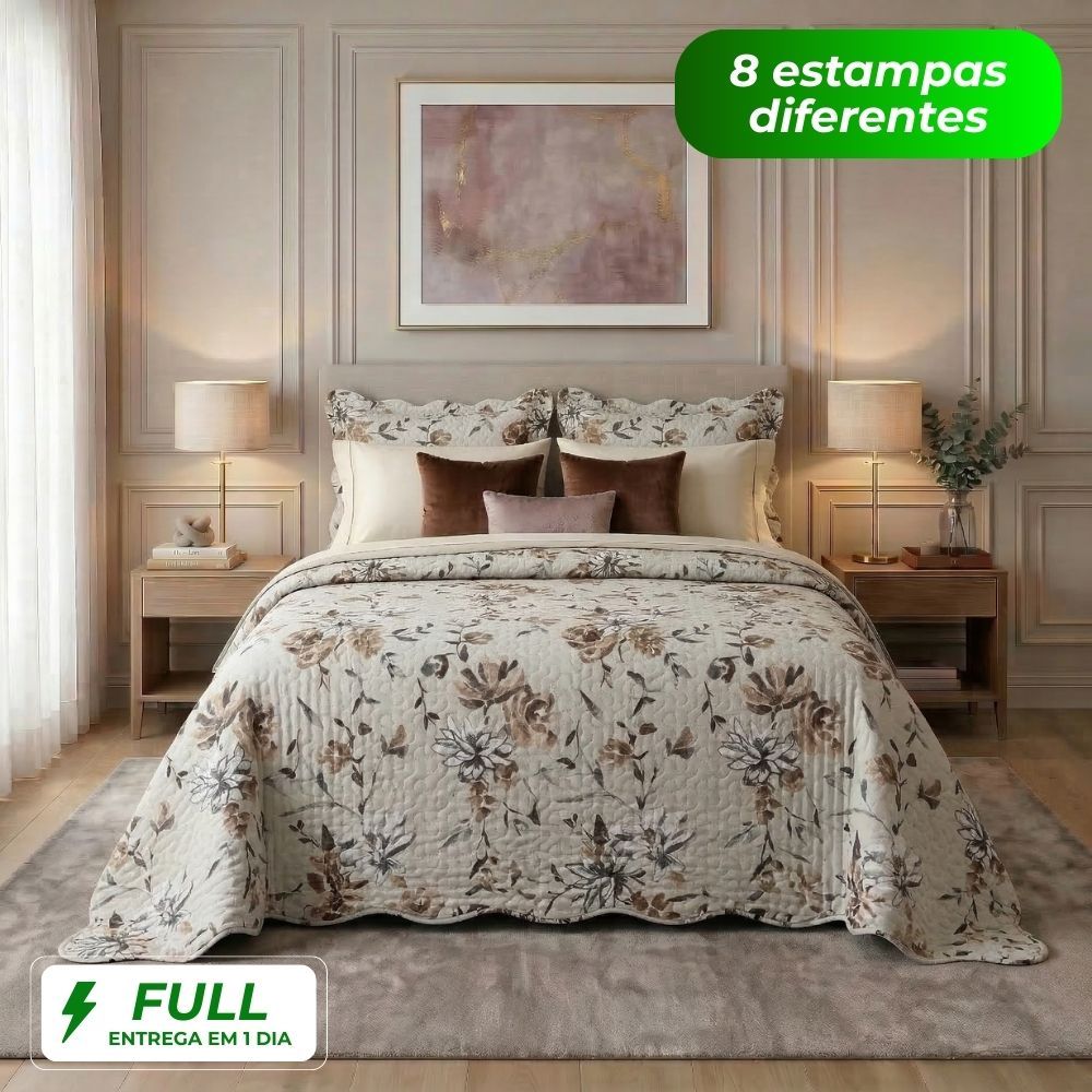 Kit Cobre Leito Colcha Casal Queen King 3 Peças Estampada Florida Matelado Dupla Face Percal Box