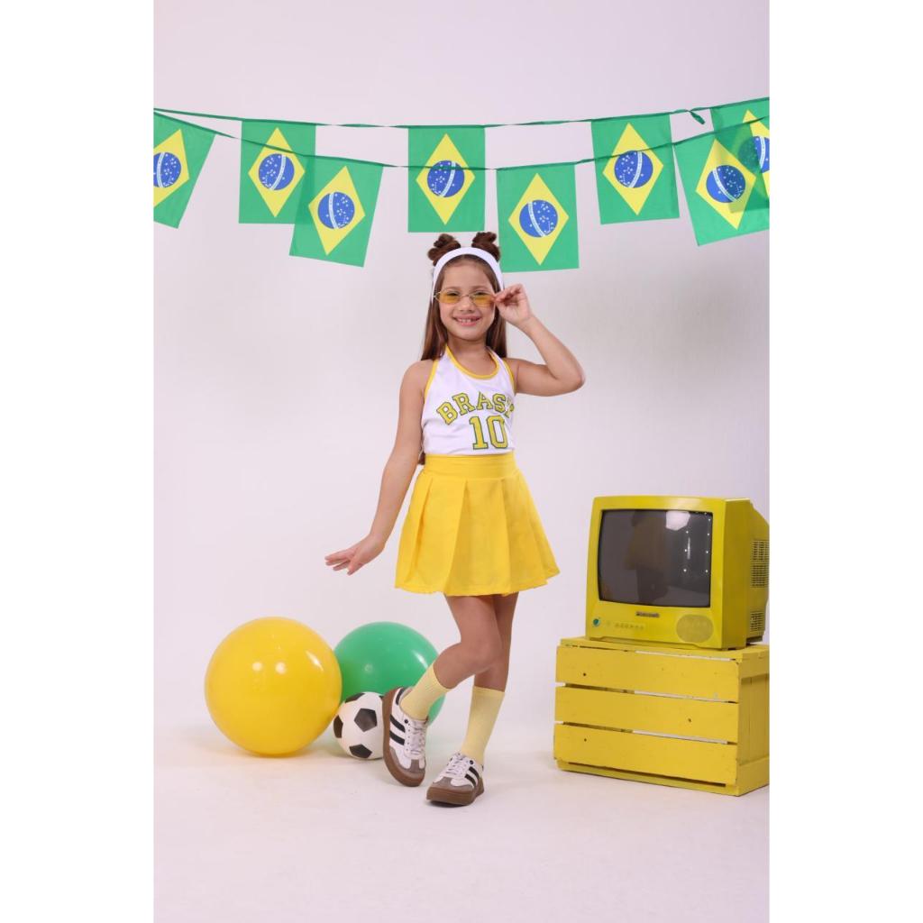 Conjunto Mini Diva Festa Luxo Menina Copa do Brasil Copa do Mundo Seleção Brasileira