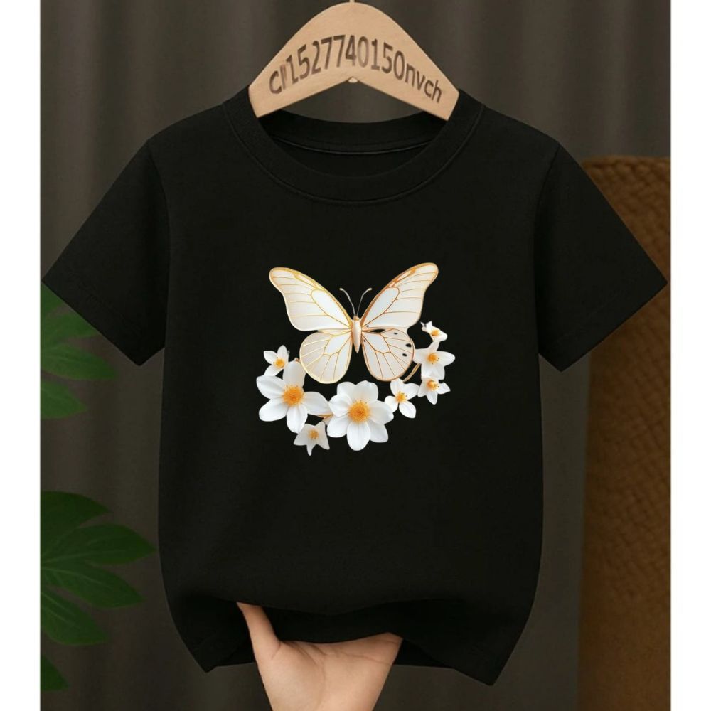 Camiseta Blusinha Infantil Juvenil Menina moça Borboleta flor branca 100% algodão