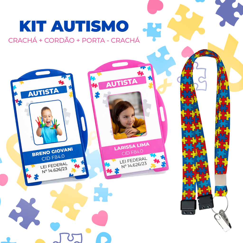 Crachá Autismo Cordão Quebra-Cabeça com Trava de Segurança e Capinha Protetora