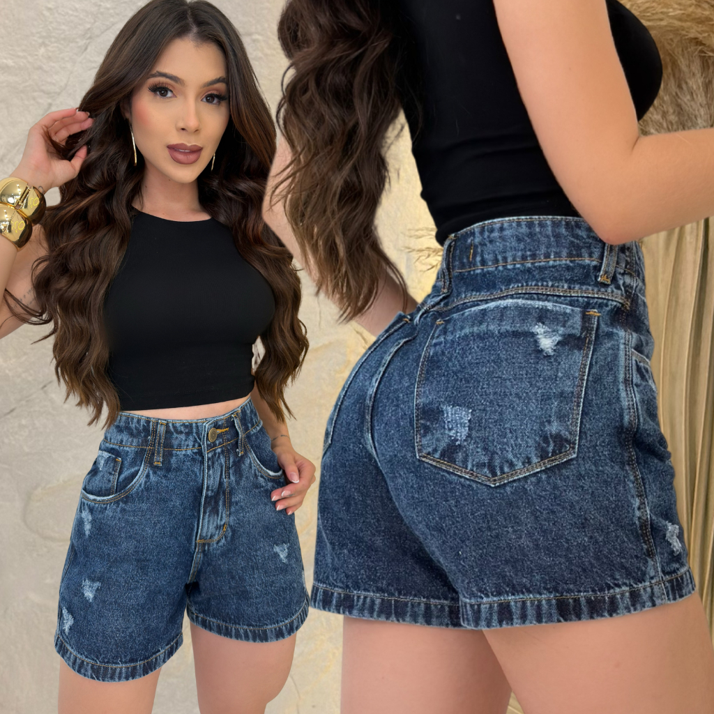Short Jeans Feminino Cintura Alta Meia Coxa Boyfriend Bermuda feminina Estilo Blogueira 100% Algodão em Oferta na Shopee