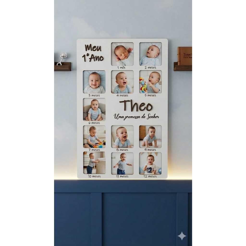 Quadro Meu Primeiro Ano Personalizado - Painel Mesversário MDF - Vic Laser - Foto Bebê 12 Meses