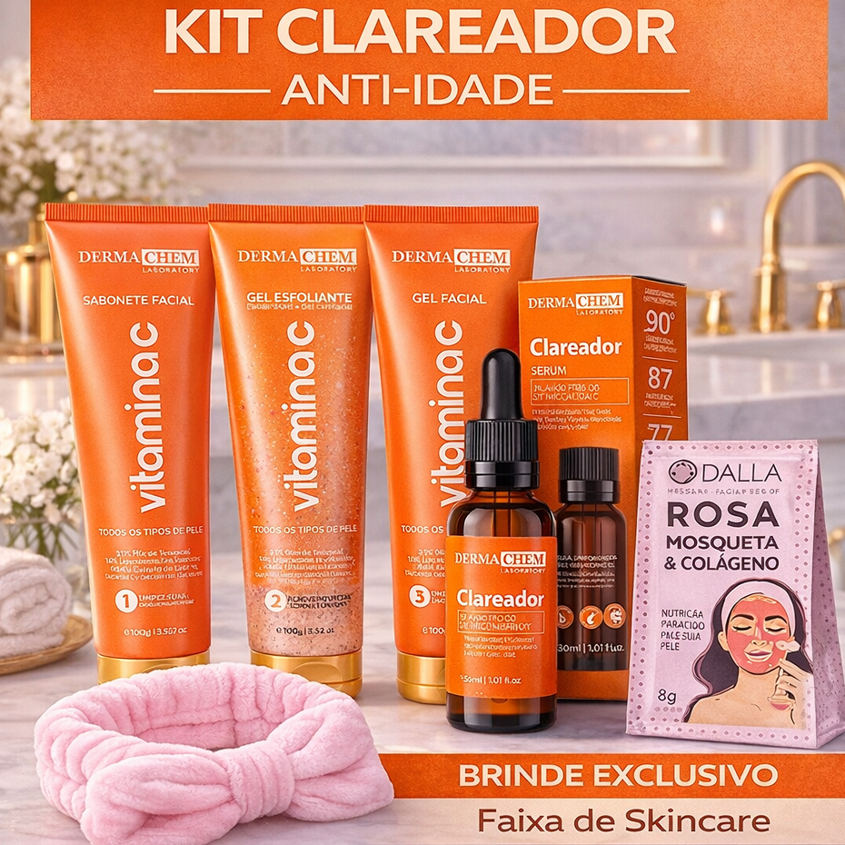 Kit Anti Idade (Sabonete • Hidratante • Esfoliante • Gel • Sérum Clareador • Faixa) Dermachem