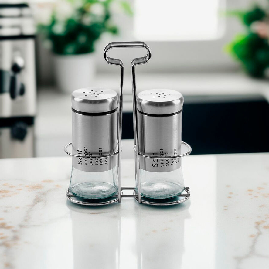 Conjunto Saleiro e Pimenteiro com Suporte 🧂 | Galheteiro Elegante para Mesa e Cozinha