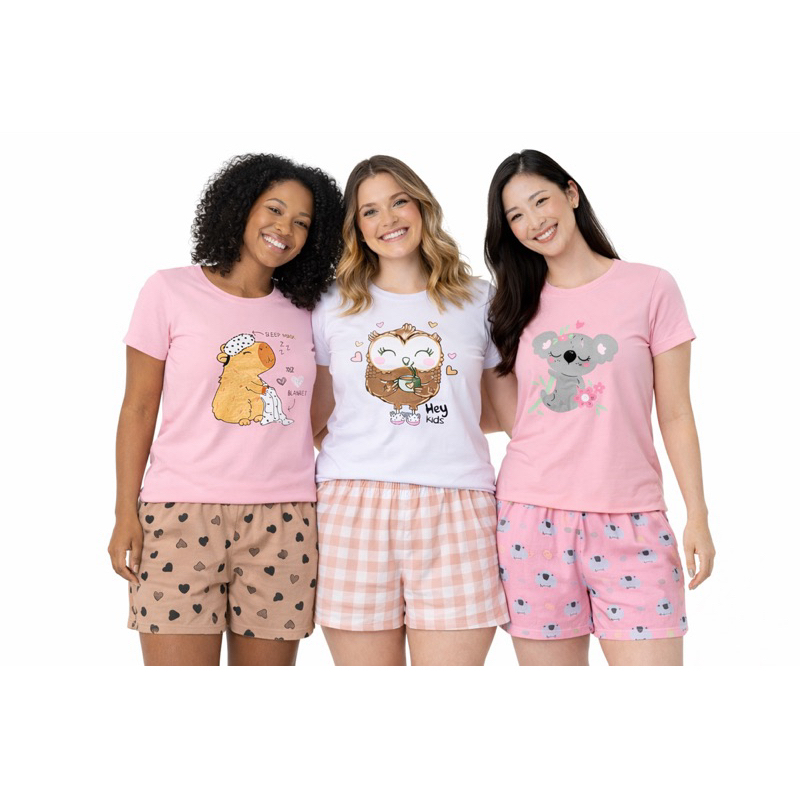 Conjunto Pijama Feminino SORTIDO Verão Estampado – Blusa 100% Algodão + Short Leve Sortido P/M/G/GG