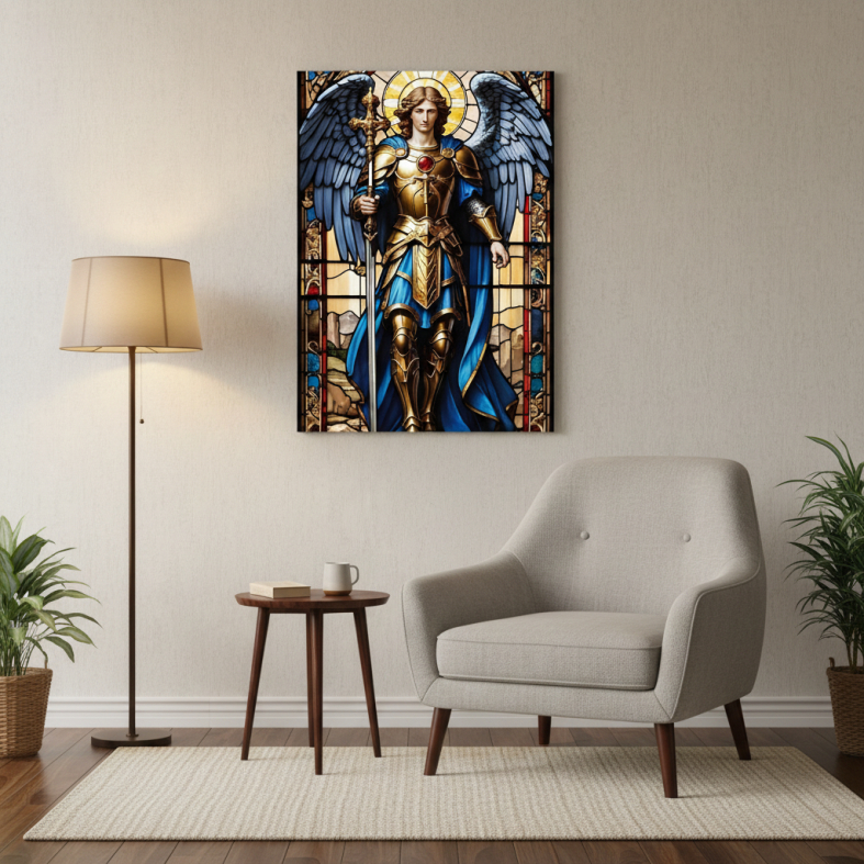 Quadro ilustrativo Arte Religiosa Vitral Imagem Devoção São Miguel Arcanjo Canvas 60x40