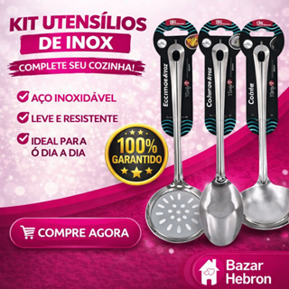 Kit 3 Utensilios de Cozinha em Inox CONCHA COLHER ESCUMADEIRA Restaurante Servir Mesa em Oferta na Shopee