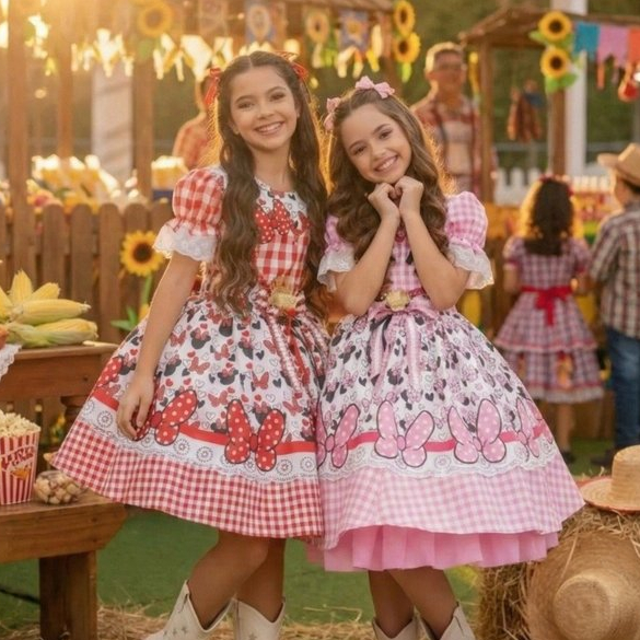 Vestido Infantil Festa Junina Junino Tematico Luxo Minnie Minie Rosa e Vermelho Sinhazinha Arraia