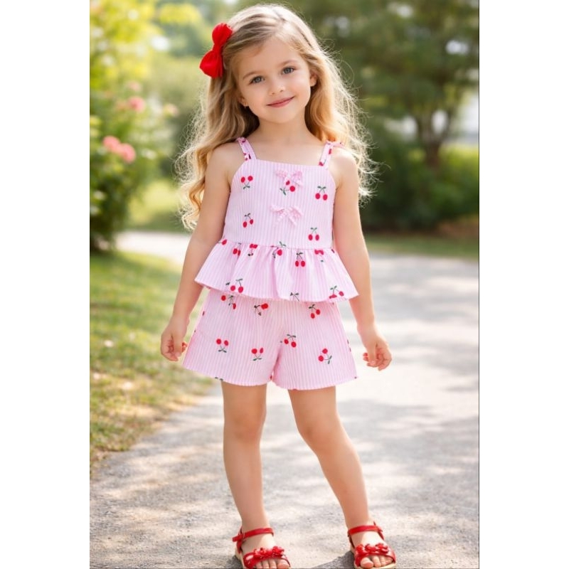 conjunto infantil cereja listrado azul e rosa