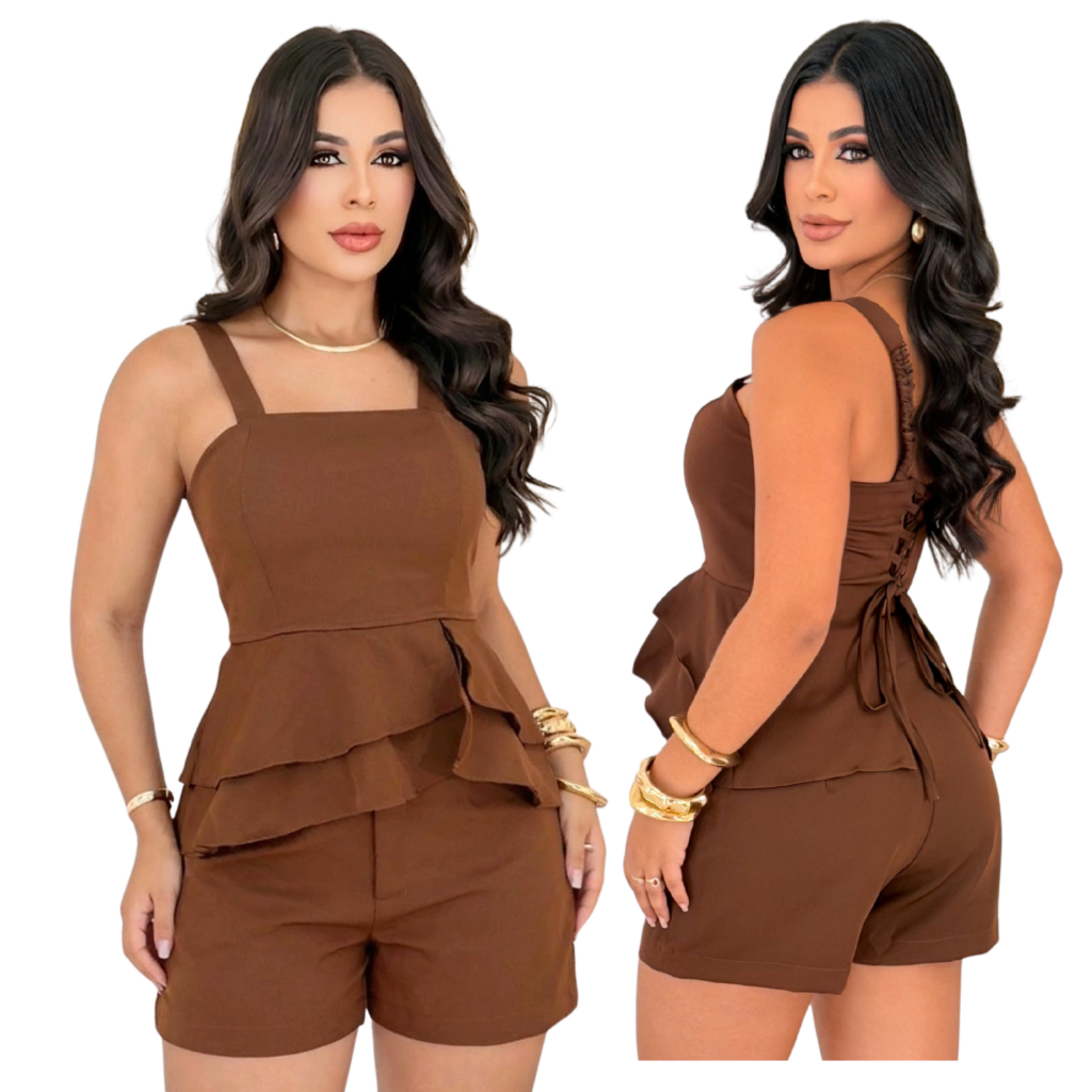 Conjunto Feminino Alfaiataria Short e Blusa Peplum Elegante Moda Casual Social Tendência — foto 5