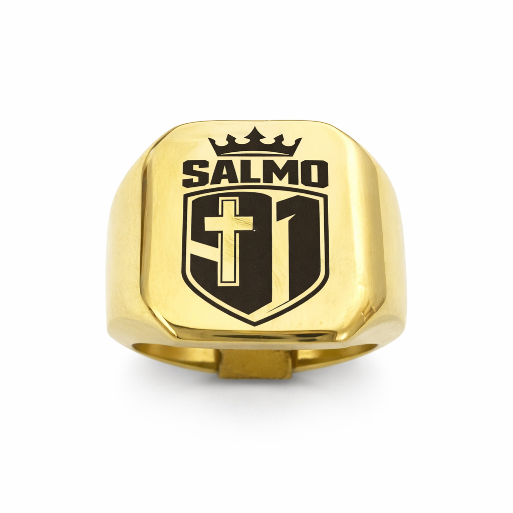 Anel Masculino Teologia Salmo 91 Aço Banhado A Ouro 18k Proteção Escudo Cristão Evangêlico PREMIUM