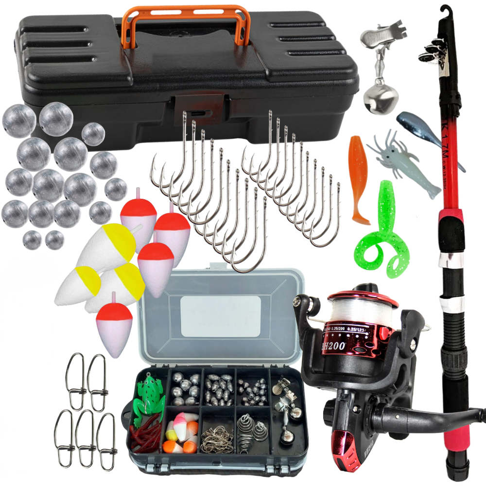 Kit Pesca Completo Vara Molinete Caixa estojo Itens boia anzol chumbada isca artificial  snap kit Barato