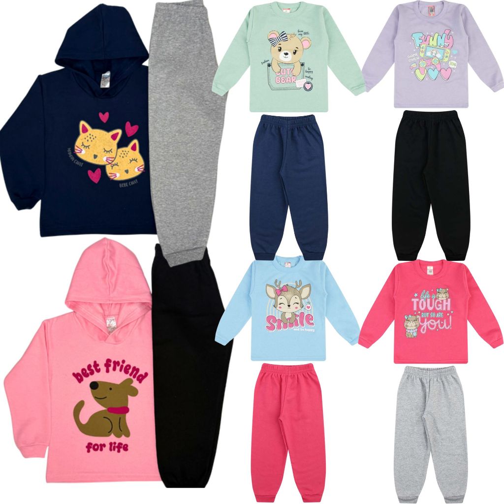 Kit 6 Peças Moletom Infantil Feminino Menina Juvenil Inverno Capuz/Gola Tamanho 1 ao 14  -3 Casacos +3 Calças