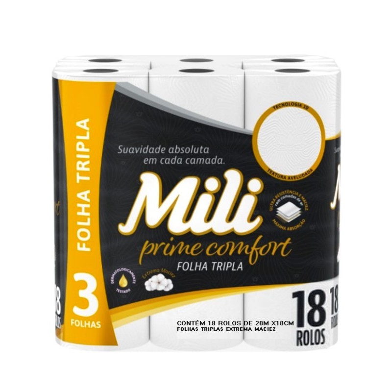 papel higiênico folha tripla prime confort 18 rolos mili extra absorção super macio