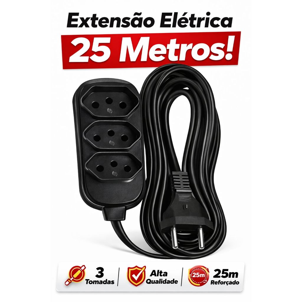 Extensão Eletrica de 25 Metros PP 2x1,0 com 3 Tomada Bivolt Régua Elétrica Multi Fio PP para Casa Escritório