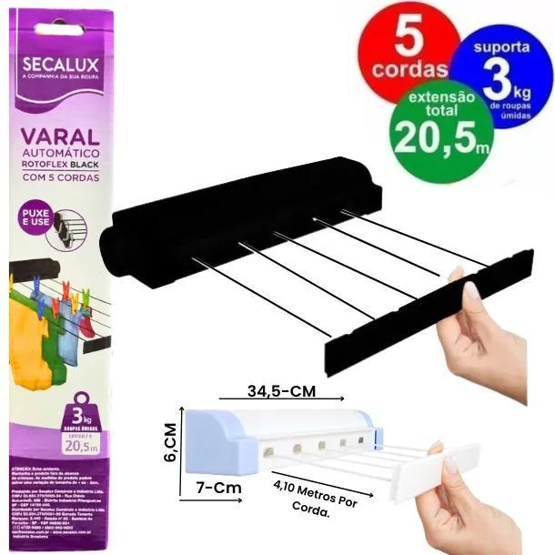 Varal Secalux Rotoflex Preto 5 Cordas Retrátil Automático – Fixação em Parede Fácil de Instalar