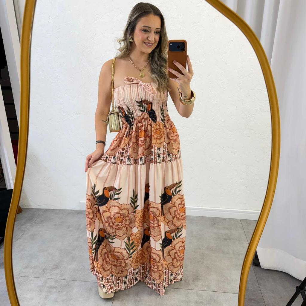 Vestido Feminino Longo Camadas Serena Tecido Duna Tendencia Lançamento 2026 em Oferta na Shopee