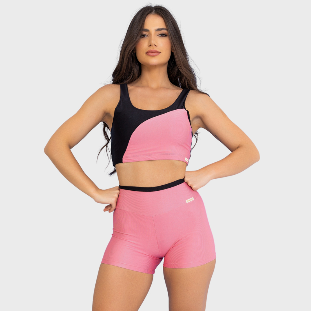 Conjunto Fitness Feminino Poliamida Bicolor Top Short Zero Transparência Academia Tarelles