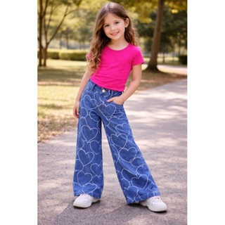 Calça Jeans Wide Leg Infantil Estampada Menina Cintura Ajustável Confortável Moda Kids em Oferta na Shopee