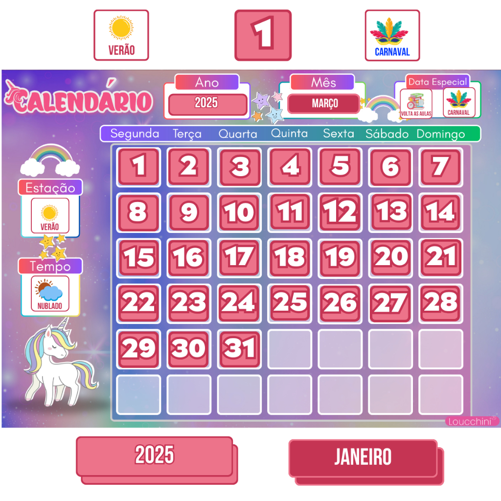 Calendário Infantil Magnético Educativo Tema Unicornio Desenvolve Autonomia e Rotina Criança