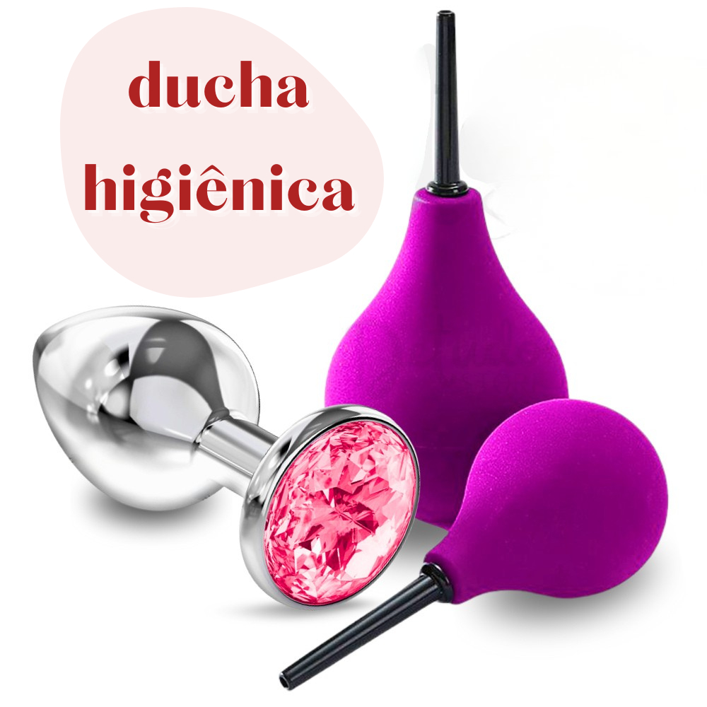 Kit Sexo Anal Ducha Higiênica Limpeza Anal + Plug Anal Aço Inox Tamanho P Xuca Chuca Duxa Higenica