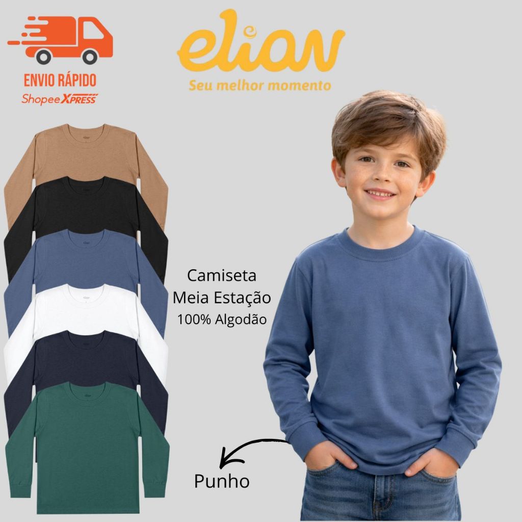 Camiseta Manga Longa Elian Menino Com Punho Meia Estação 51026 em Oferta na Shopee