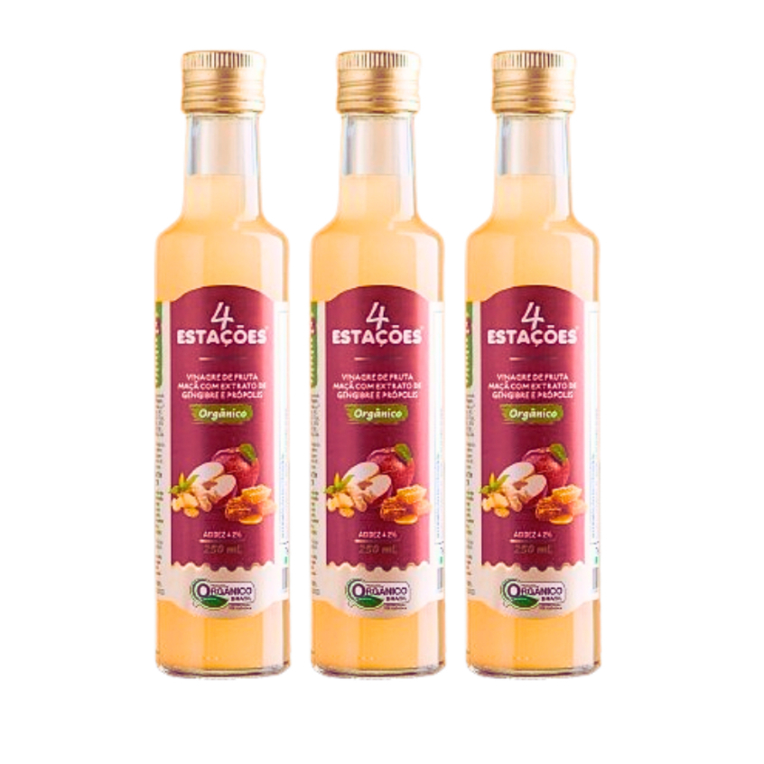 Vinagre de Maça Orgânico com Extrato de Gengibre e Própolis ou Curcuma 4 Estações 250ml