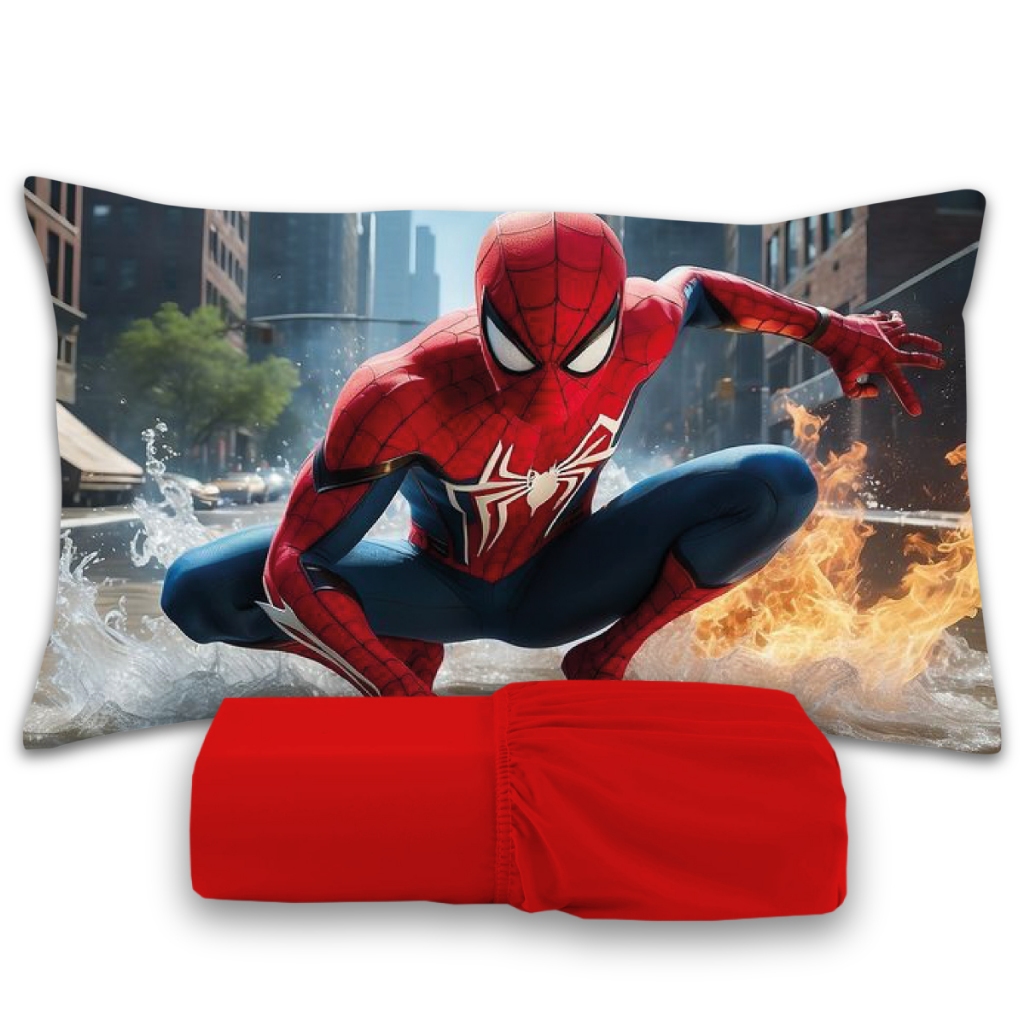 Jogo De Lençol 2 peças Infantil Temático Diversos De Personagens Ideal para Crianças - HOMEM ARANHA (LENÇOL VERMELHO)