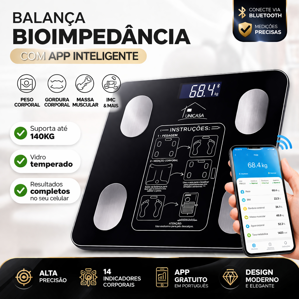 Balança Digital Com Bioimpedância Monitora Gordura e Músculo super precisa Fitness