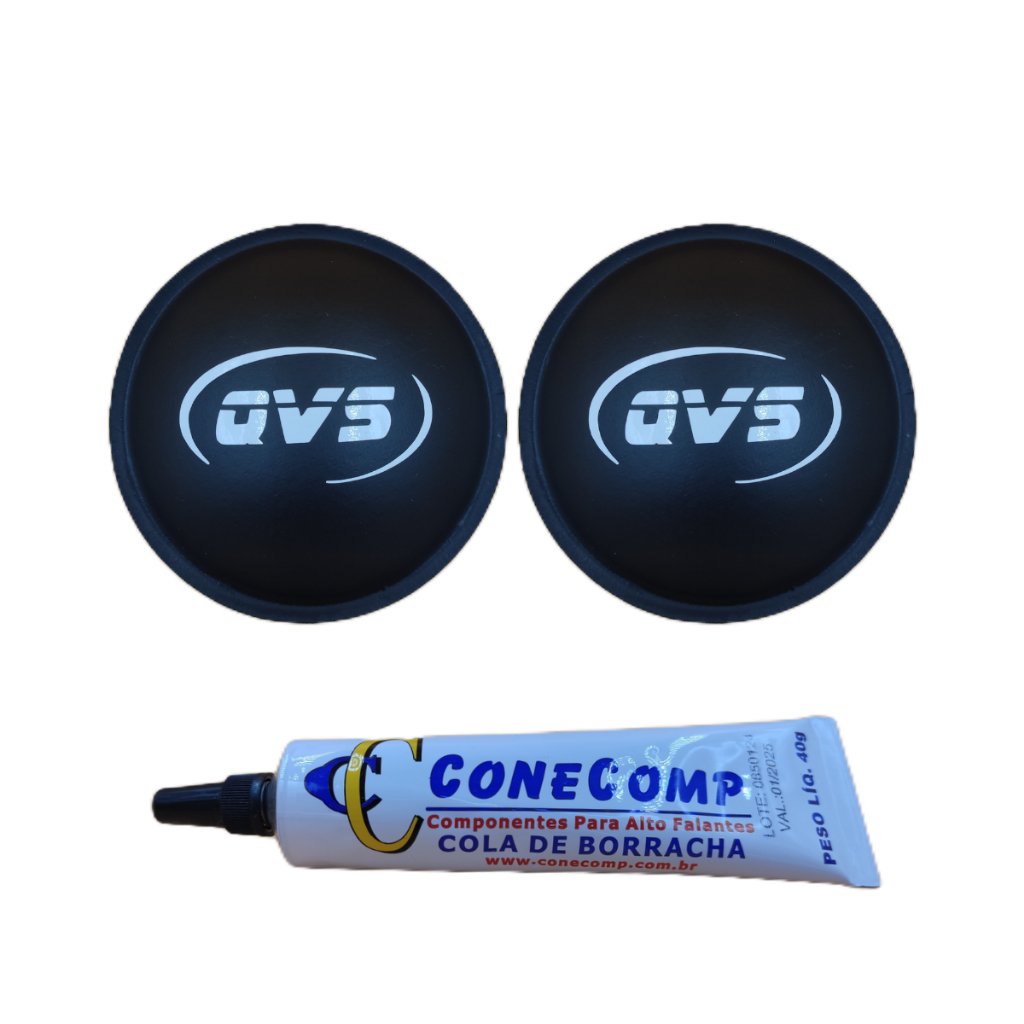 Kit 2 Protetores Calota Qvs 85mm Papel Adesivado Para Alto Falante + 1 Cola Borracha Preta 40g