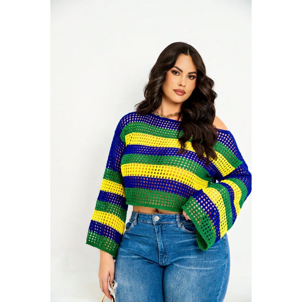 Blusa Cropped Plus Size Brasil Copa do Mundo Tricot Curto Ombro Caído Tecido Vazado Look Brasil em Oferta na Shopee