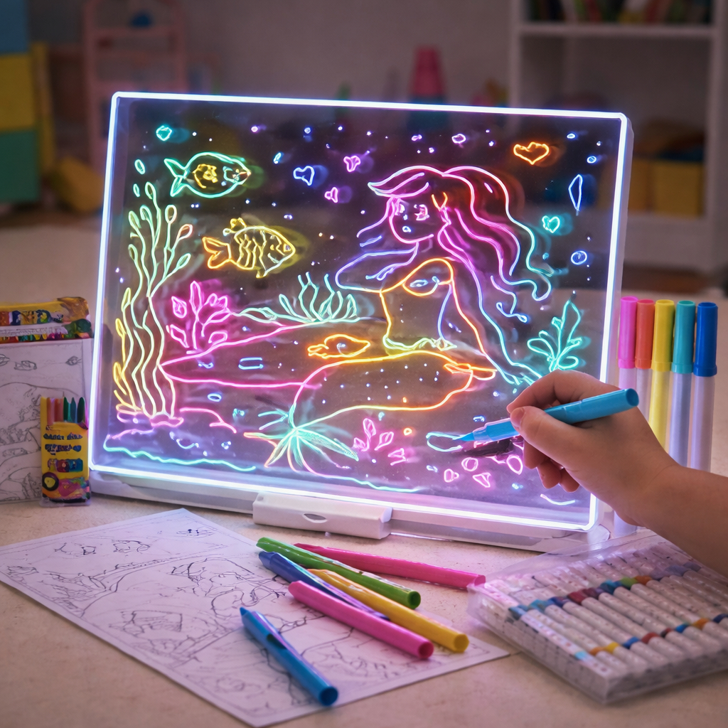 Lousa Mágica LED Infantil 3D Acrílica Para Desenhar Escrever Apagar Quadro Com Luz Brinquedo Educativo Reutilizável