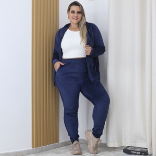 Conjunto de Plush Plus Size Inverno Blusa Com Zíper e Calça Com Punho em Oferta na Shopee