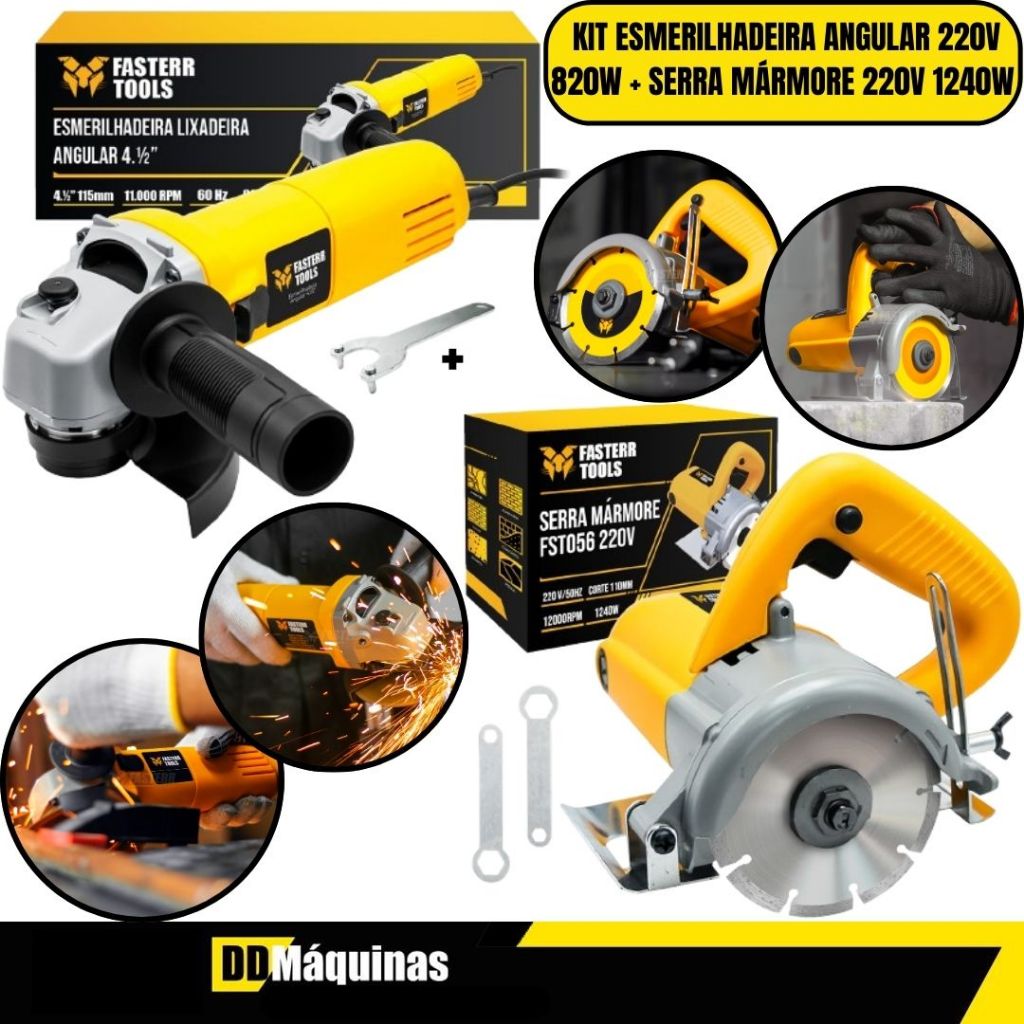 Kit Serra Mármore 4.3/8" 110mm 1240W 220V FST056 + Esmerilhadeira Angular 220V 820W FST044 - Fasterr em Oferta na Shopee
