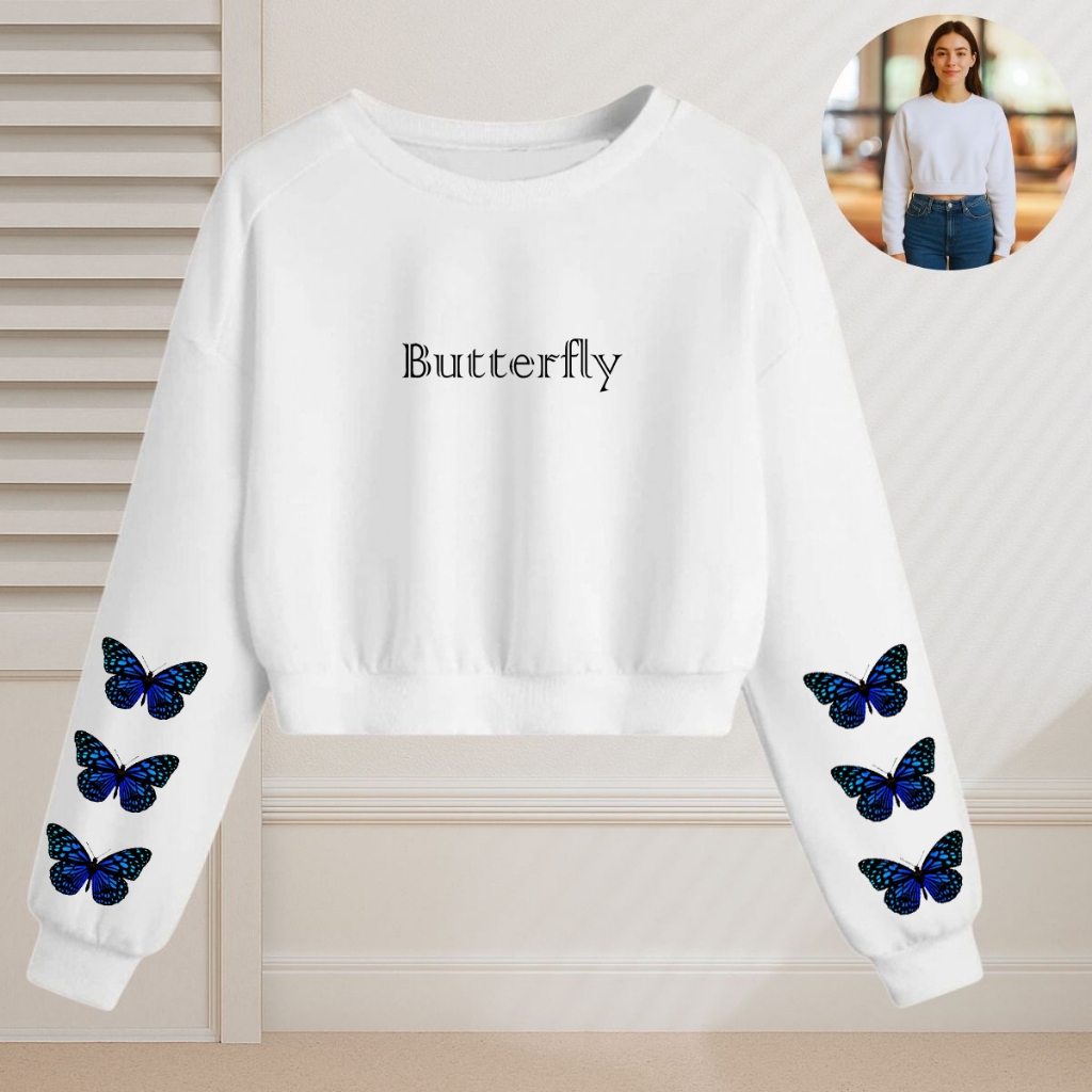 Moletom Cropped Feminino Borboletas nas Mangas Butterfly Estilo Fashion