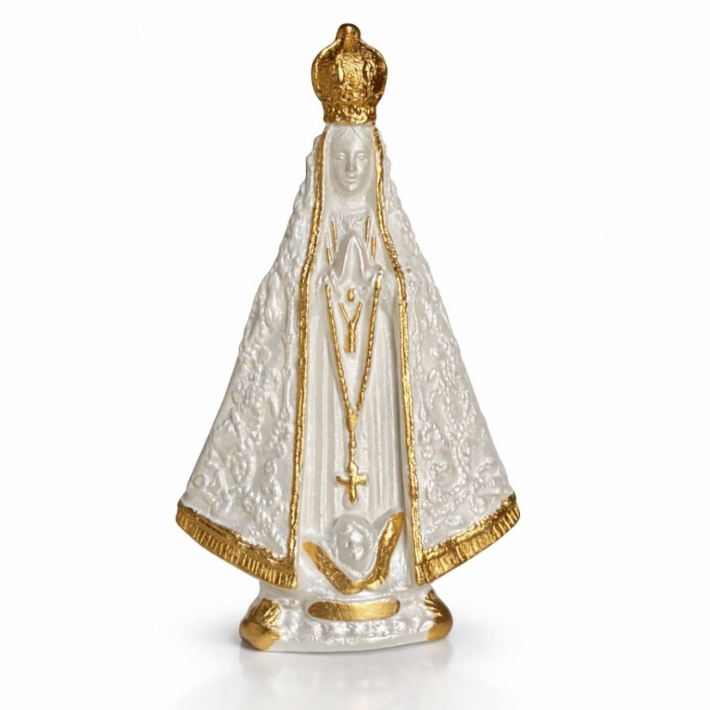 Imagem de Nossa Senhora Aparecida 15cm em Gesso, Spray Perolado e Detalhes Dourados Feitos a Mão.