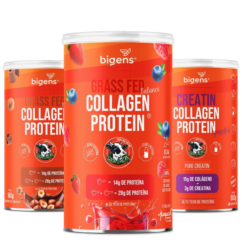 Kit 3x Collagen Grass Fed - Colágeno Premium Pepcol® ( Neutro, Frutas Vermelhas e Chocolate com Avela) - Bigens