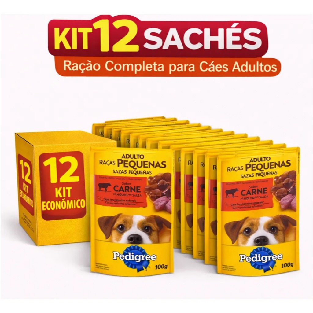 Kit 12 Sachês Pedigree Raças Pequenas Carne 100g Ração Úmida Alta Palatabilidade Cães Pequenos