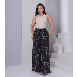 Calça Feminina Pantalona Cintura Alta Com Bolso Tecido Leve Elegante Social Confortável em Oferta na Shopee