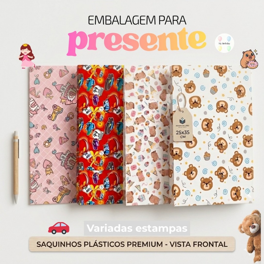 Saquinhos De Presente Plástico Premium 25x35cm Estampas Variadas Infantil Menino e Menina