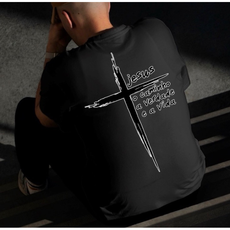 camiseta estampada tecido 100 algodão estampa religiosa nas na costa e na frente cores vibrantes que não desbotam