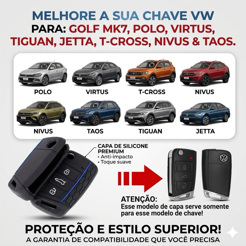 Capa De Chave Canivete Volkswagen Nivus Golf MK7 Novo Jetta Virtus Tera T-Cross GOLF GTI Taos entre outros.