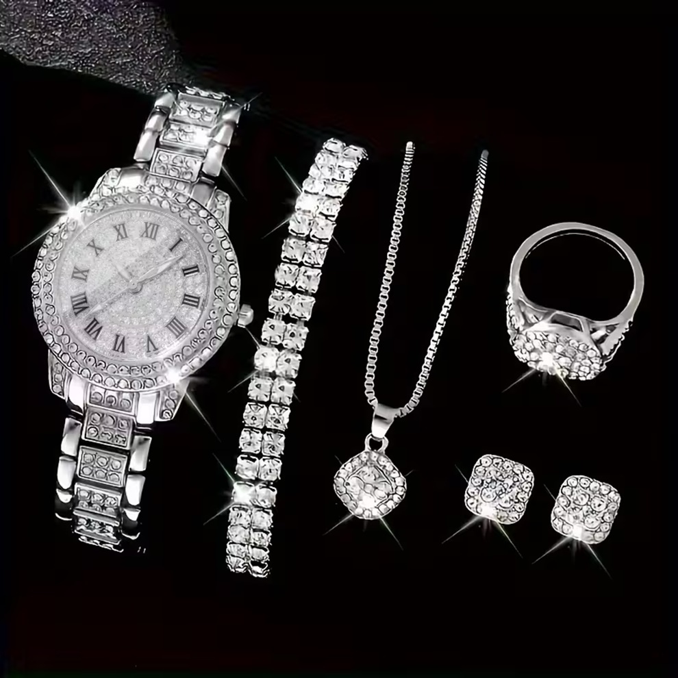 Conjunto de 7 Peças Relógio Feminino de Pulso Quartzo com Corrente, Anel, Pulseiras e Par de Brincos