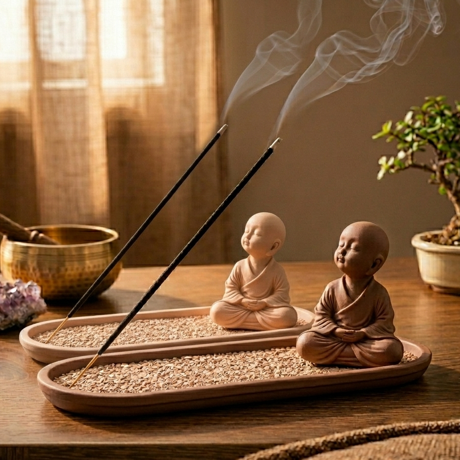 Imagem Porta Incenso Incensário Mini Buda Decoração Zen Yoga Meditação Aromaterapia Cascata Fumaça Cor Kit