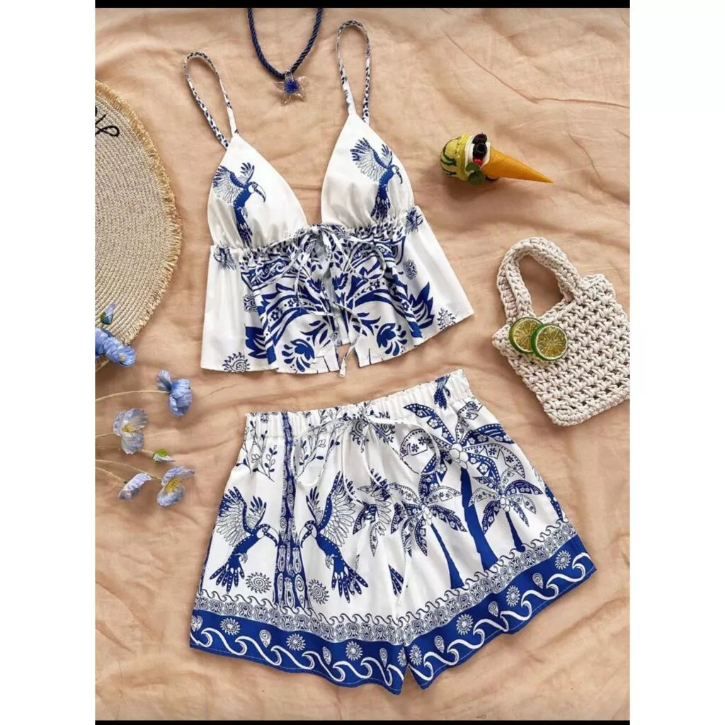Conjunto Feminino Bela Estampado Top Amarração + Short Soltinho Casual Moda Tendência Versátil — imagem 1