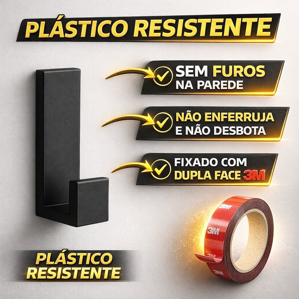 Gancho Cabide Adesivo Parede Fita Dupla Face  Auto Colante Porta 3M Toalhas Roupa Banheiro Preto
